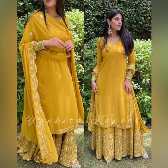 Party wear yellow sharara suit in punjabi style with sequins embroidery - Picture 1 of 3